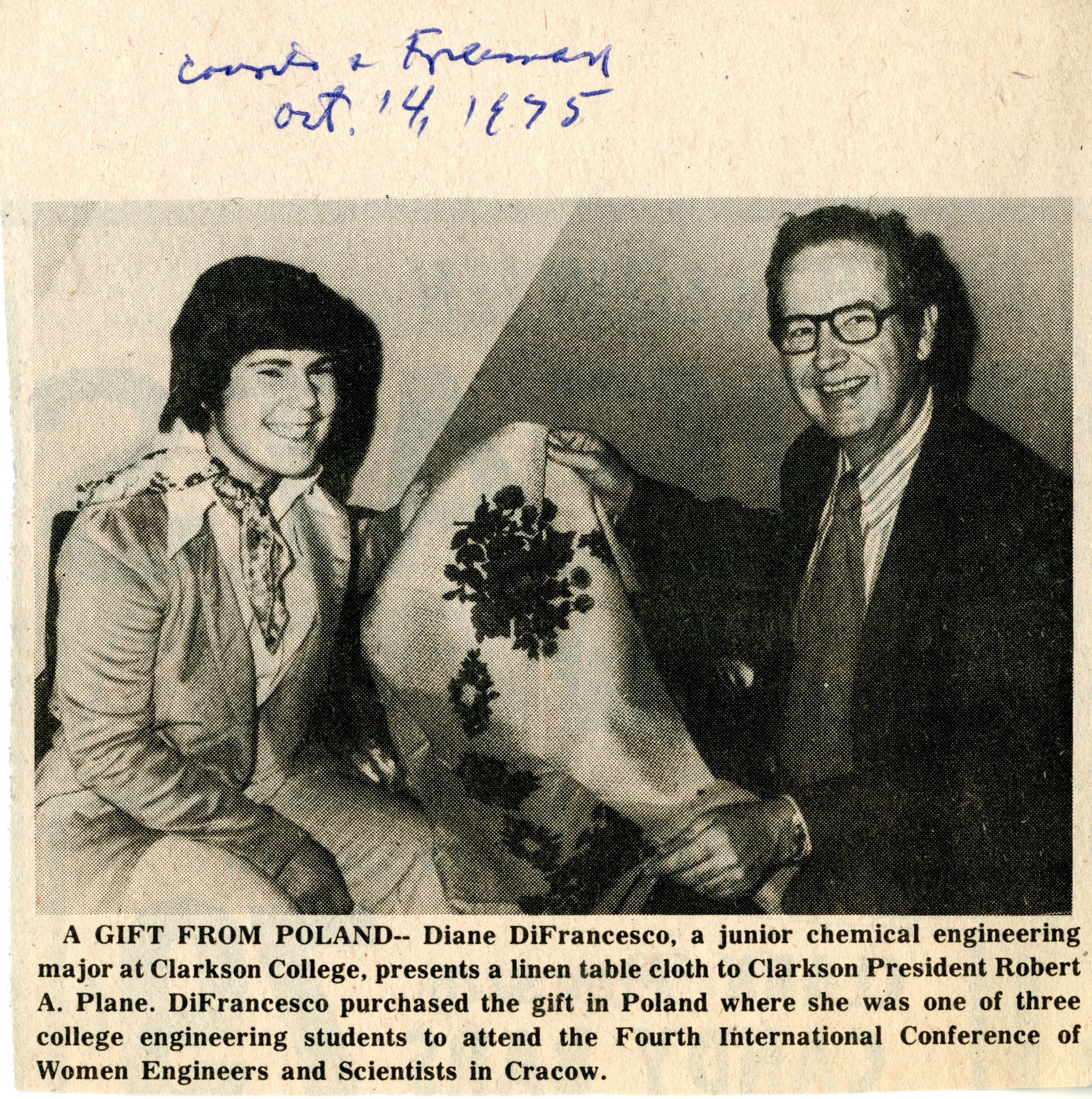 Diane DiFrancesco '77, and President Robert Plane, after DiFrancesco returned from the Fourth International Conference of Women Engineers in Poland